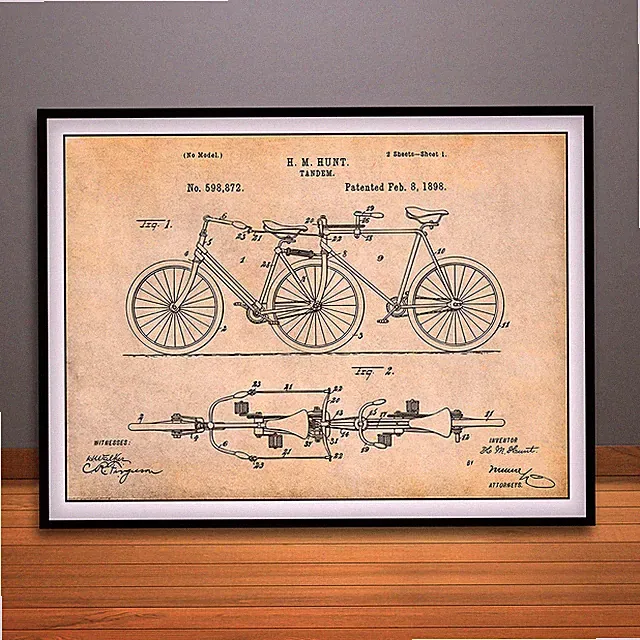 1898 Hunt Tandem Bicycle Patent Print Art Drawing Poster