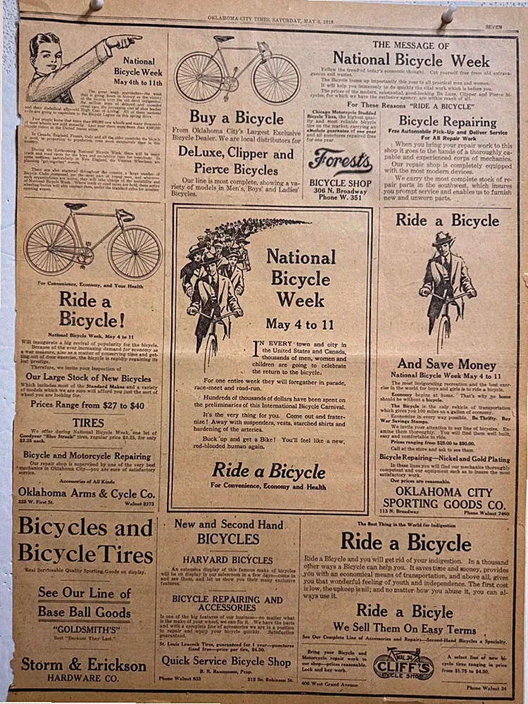1918 NATL. BICYCLE WEEK MAY 4-11, OKLA. CITY NEWSPAPER PAGE AD FREE SHIPPING