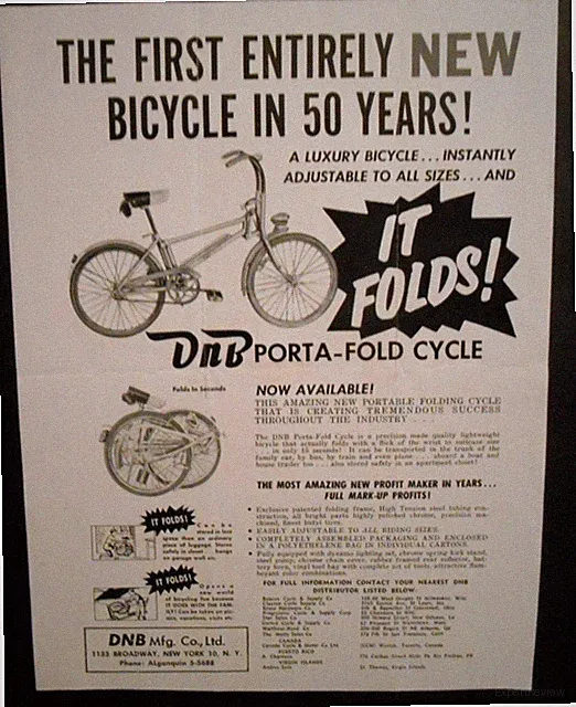 1950s DNB Porta-Fold Cycle Luxury Bicycle Advertisement 8.5 x 11" New York