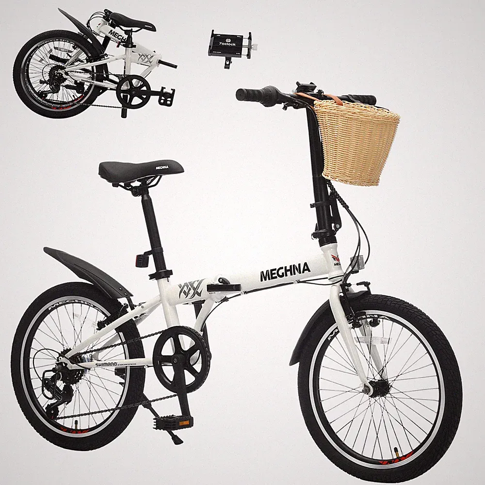20" Folding Bike 6-Speed with Basket Phone Holder Steel Frame Commuter