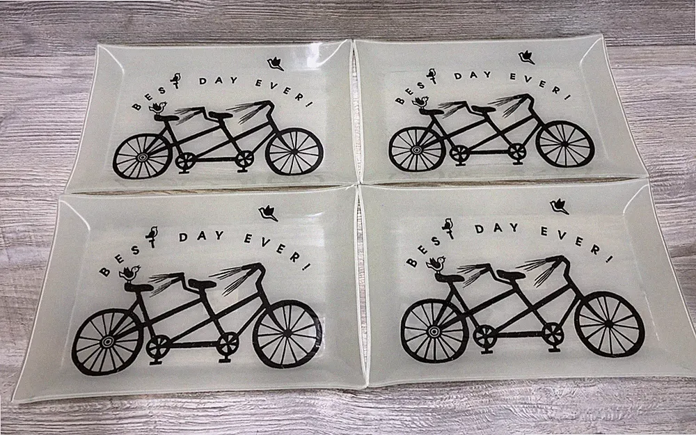 4 NEW "BEST DAY EVER" Tandem Bicycle Glass Plate Trinket Tray 11-1/2" x 7-1/2"
