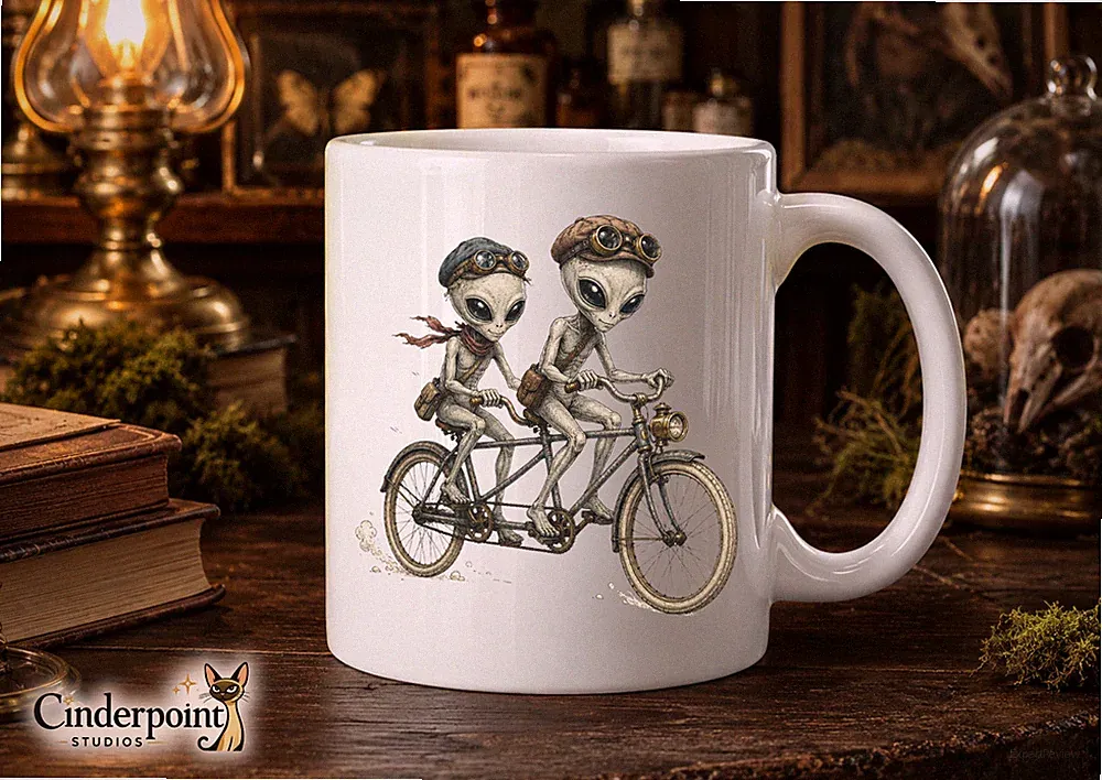 Grey Aliens Tandem Bicycle Ceramic Coffee Mug Extraterrestrial Gift 11 15 20 oz