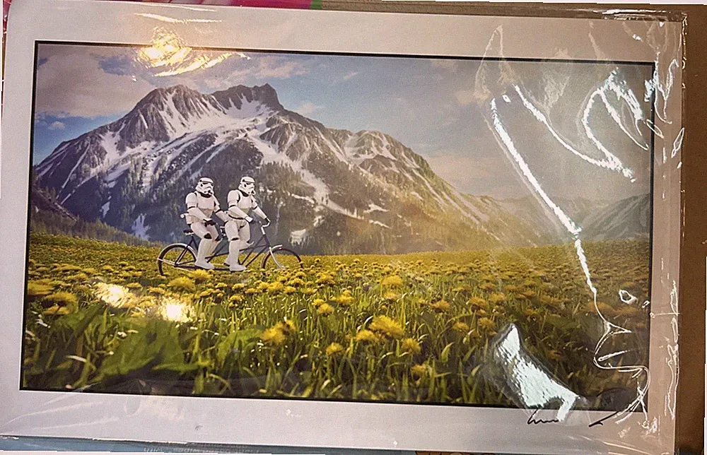 Vintage Print Star Wars Storm Troopers On Tandem Bicycle in Field Signed 11 X 17